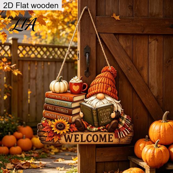 Farmhouse Porch Decoration Fall Thanksgiving Wooden Sign Door Hanger, 2D Sunflower Pumpkin Gnome Wall Creative Housewarming Gifts Plaque, Rustic