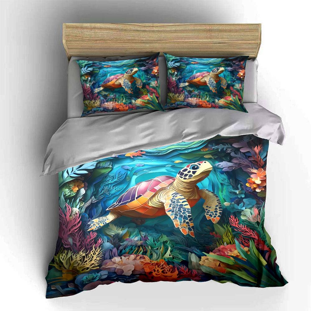 Turtle Swimming Through Colorful Coral Reef Printed Duvet Cover Set1 Duvet Cover+2 Pillowcasemulti Size Bedroom Bedding Decor