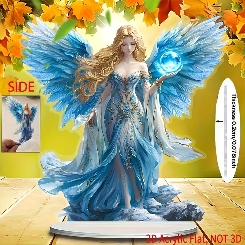 Blue Wing Guardian Angel Statue, Flat Desktop Decoration with Base, Home Office, Garden Display, Gift Idea, 2D