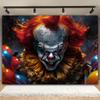 Ein 2D flaches Halloween-Polyester-Hintergrundtuch mit einem furchteinflößenden und bösen Clownmuster, geeignet für Halloween