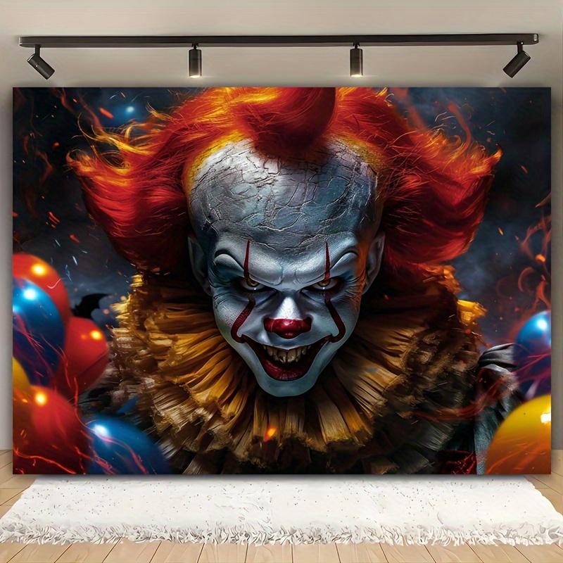 Un telo di sfondo in poliestere piatto 2D per Halloween con un pattern da clown terrificante e malvagio, adatto per Halloween