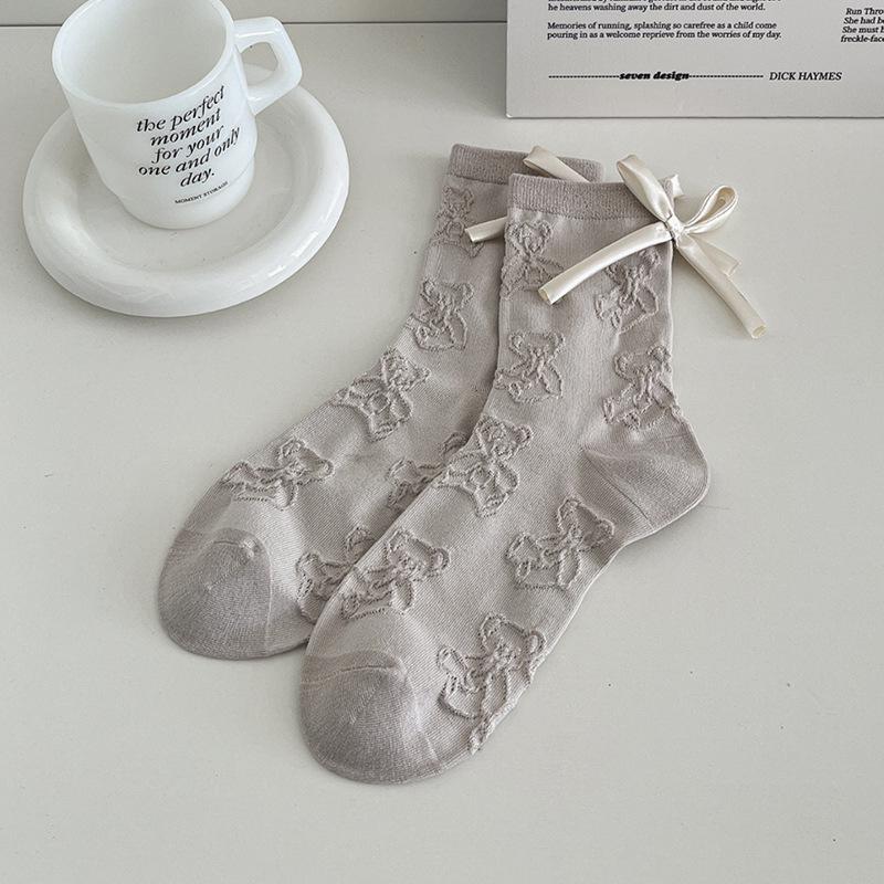 

Japanese Cartoon Relief Bear Socks for Schoolgirl 3D Cute Bear Bow Slouchy Mid-Calf Sock Seamless Toe Grey Spring Fall Socks One Size