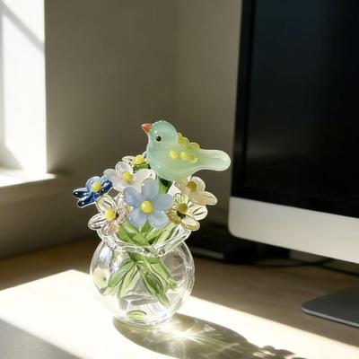 Figurine Fleur en Verre Miniature Petit Bouquet de Fleurs en Faux Cristal Soufflé à la Main dans un Vase avec Papillon/Oiseau/Abeille Objet de Collection Table de Bureau à Domicile