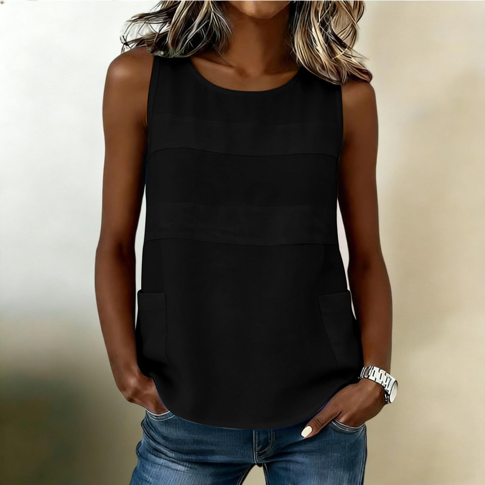 

Ladies Casual And Fashionable Stand Up Collar Sleeveless Shirt With Button Pocket Top L чёрный