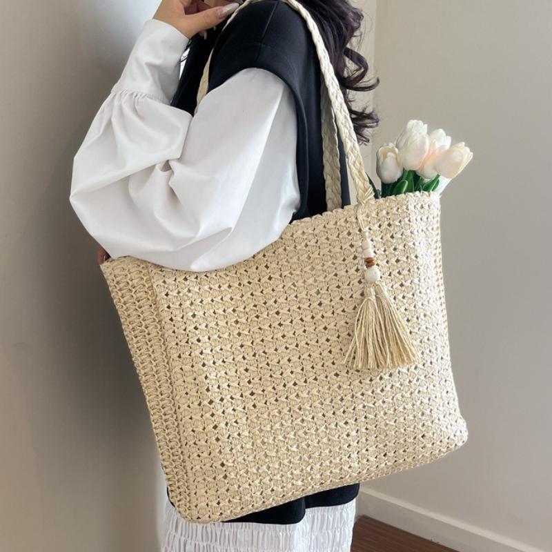 Nuova Borsa a Spalla Semplice in Paglia di Grande Capacità da Donna alla Moda e Versatile Borsa a Tracolla per la Spiaggia e per il Pendolarismo