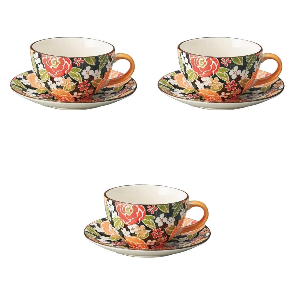 Set of 3 Colorful Rose Coffee Cups and Saucers (Orange) [14.5 X 2.1 Cm] | Cups and Saucers Setomonohonpo
