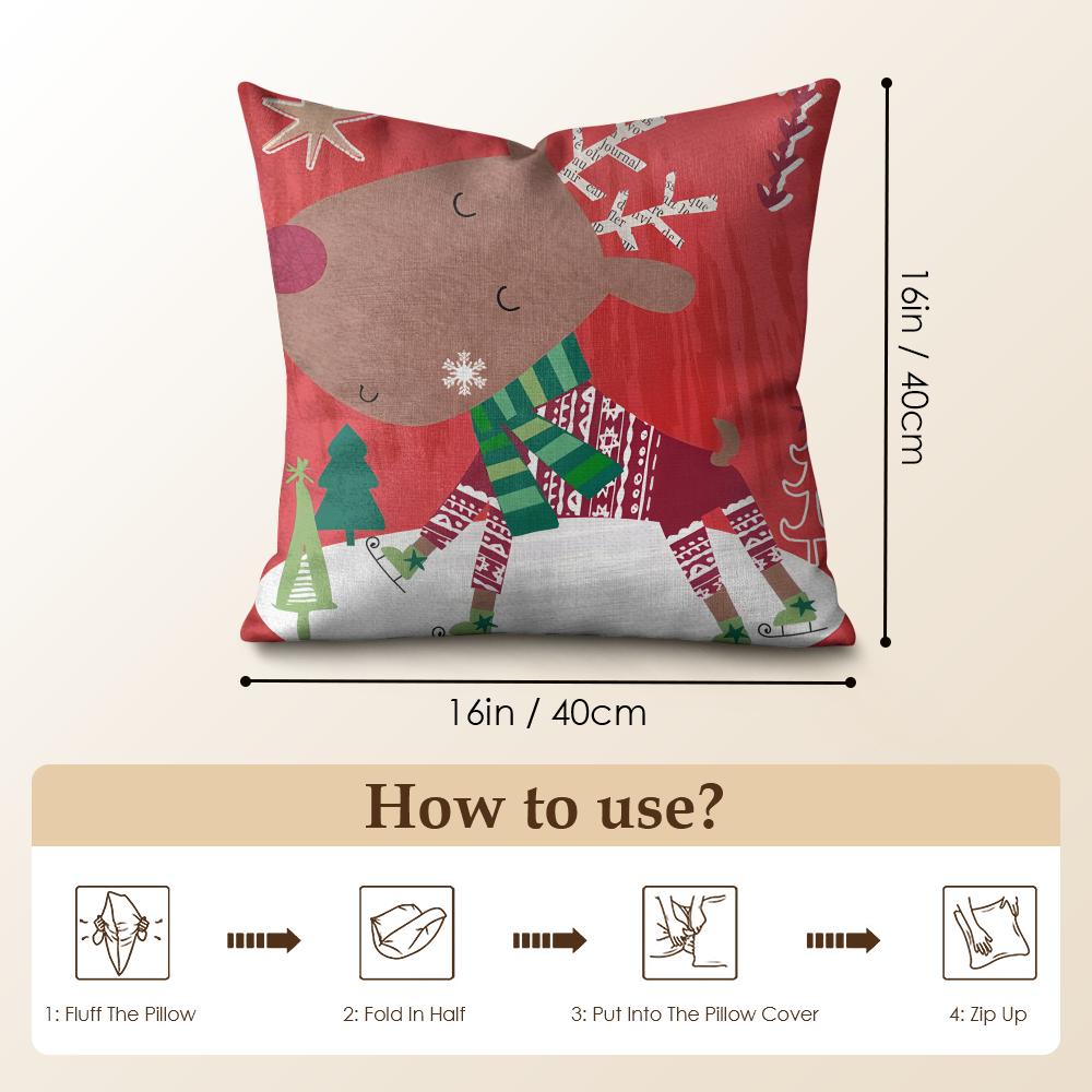Cute Christmas Reindeer Cushion Cover Natural Linen Organic Fabric Double-Sided Printing Sofa Home Decor Gift Pillow Case