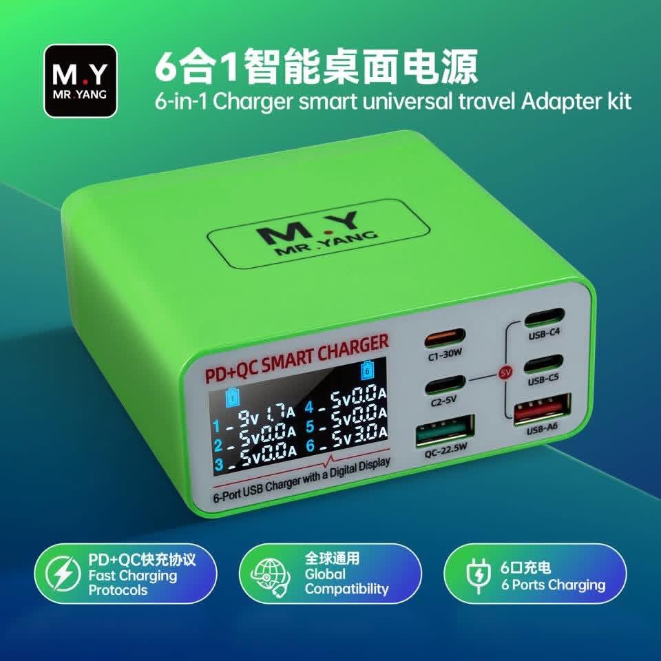 YCS My Yang 6-in-1 Multi-Port Charger Smart Desktop Power Supply can power multiple devices simultaneously