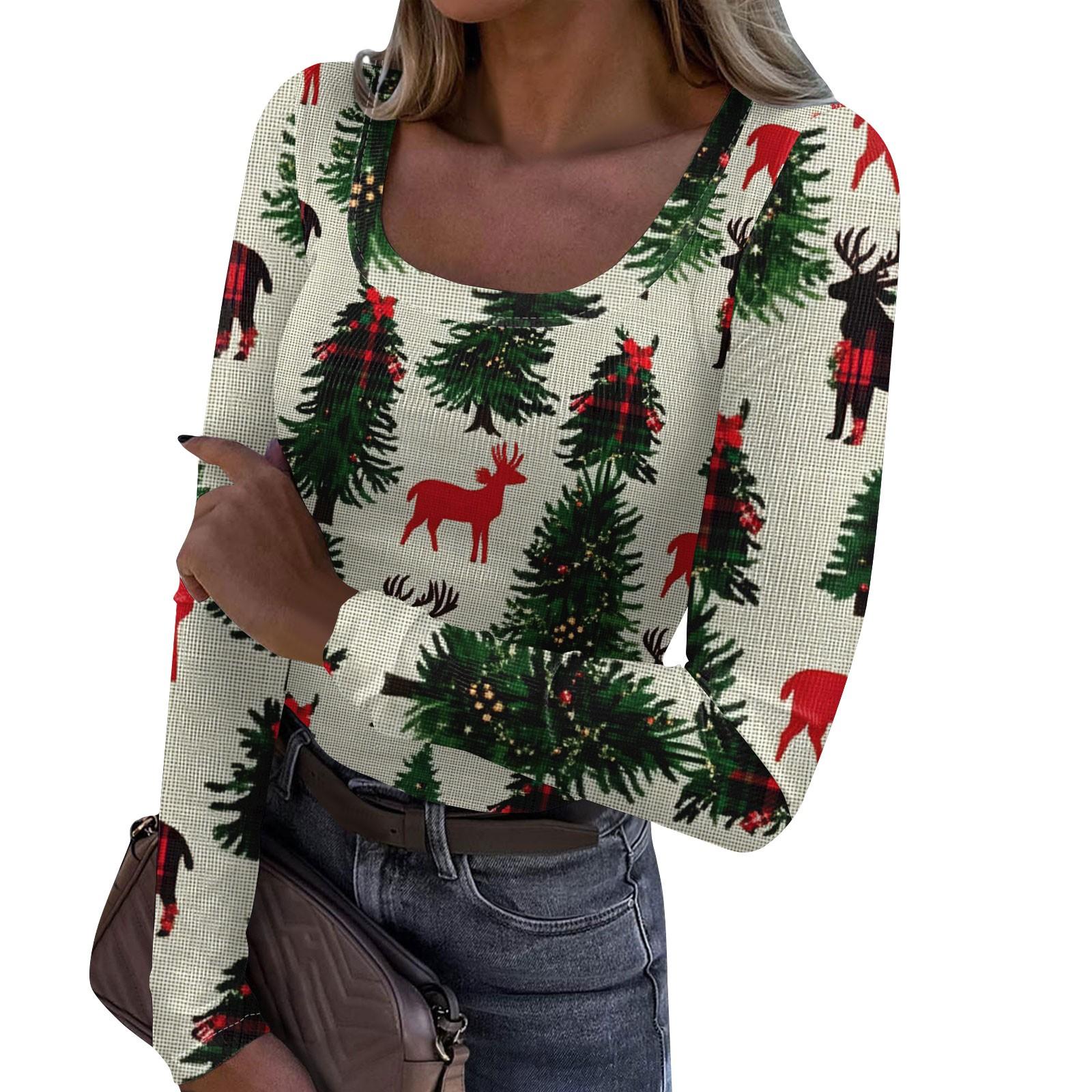 

Женская модная футболка с тонким низом, рождественский принт, пуловер с U-образным вырезом и длинными рукавами XL