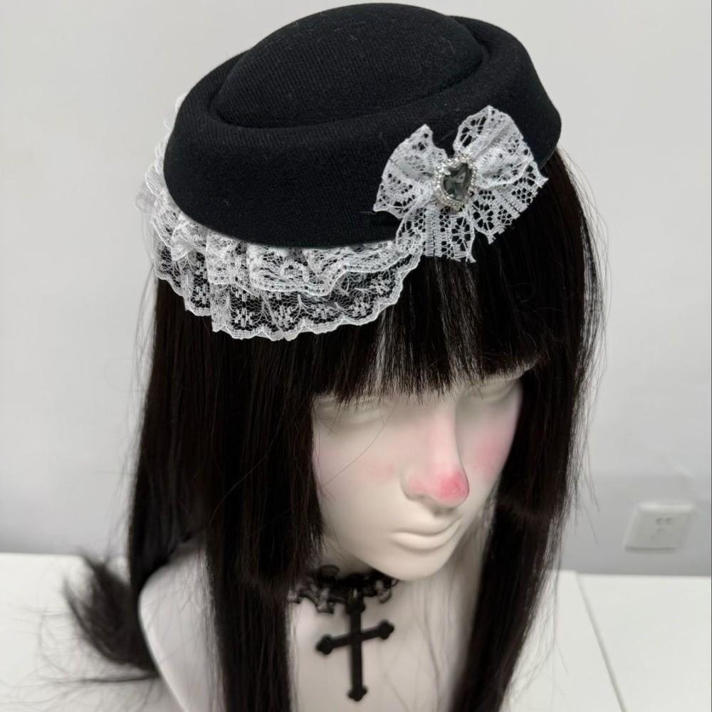 Elegant Lace Billycock Hat Sweet Heart Crystal Round Hat Vintage Bow Pillbox Hat  Dance Show
