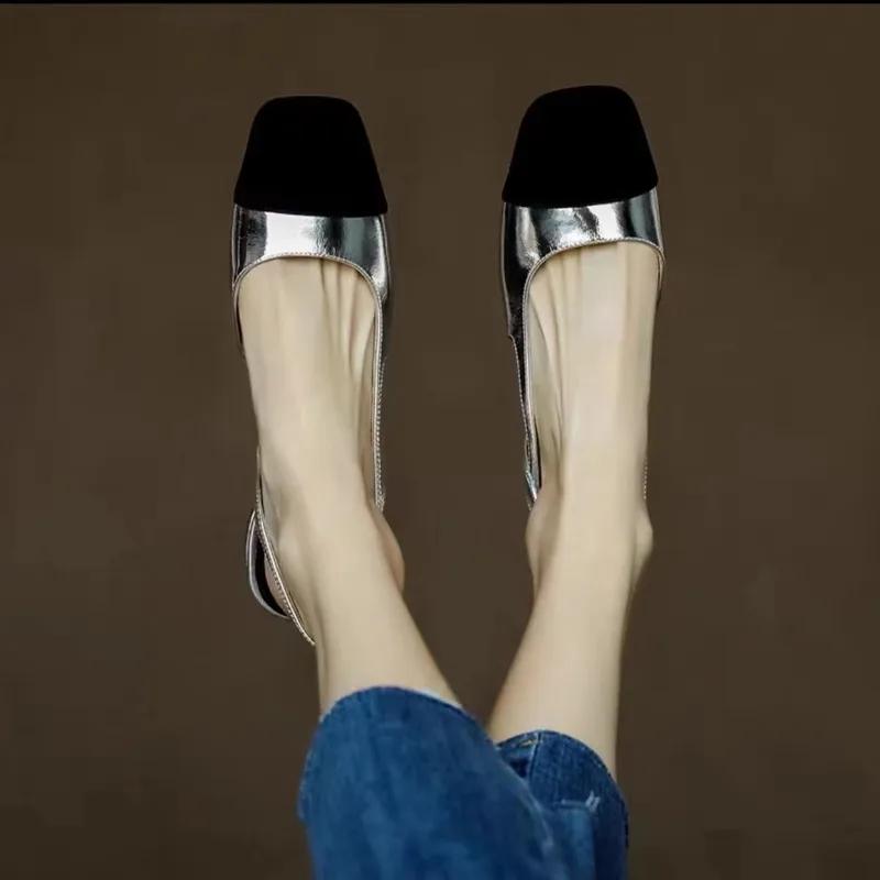 French Pu Mixed Colors Sandals Women's Baotou Slip-On Low-heeled Slingback Roman Back Strap Flat Shoes Gold Silver Summer