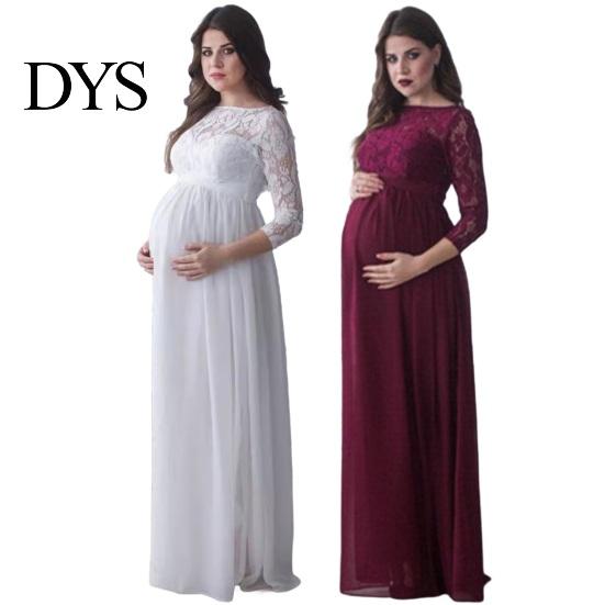 Damen Partykleid Schwanger Spitze Ausgeschnitten Floral Stickerei Rundhals Lange Schwangerschaftsärmel Plissiert Maxi für Hochzeit Abschlussball Foto Requisite Abend