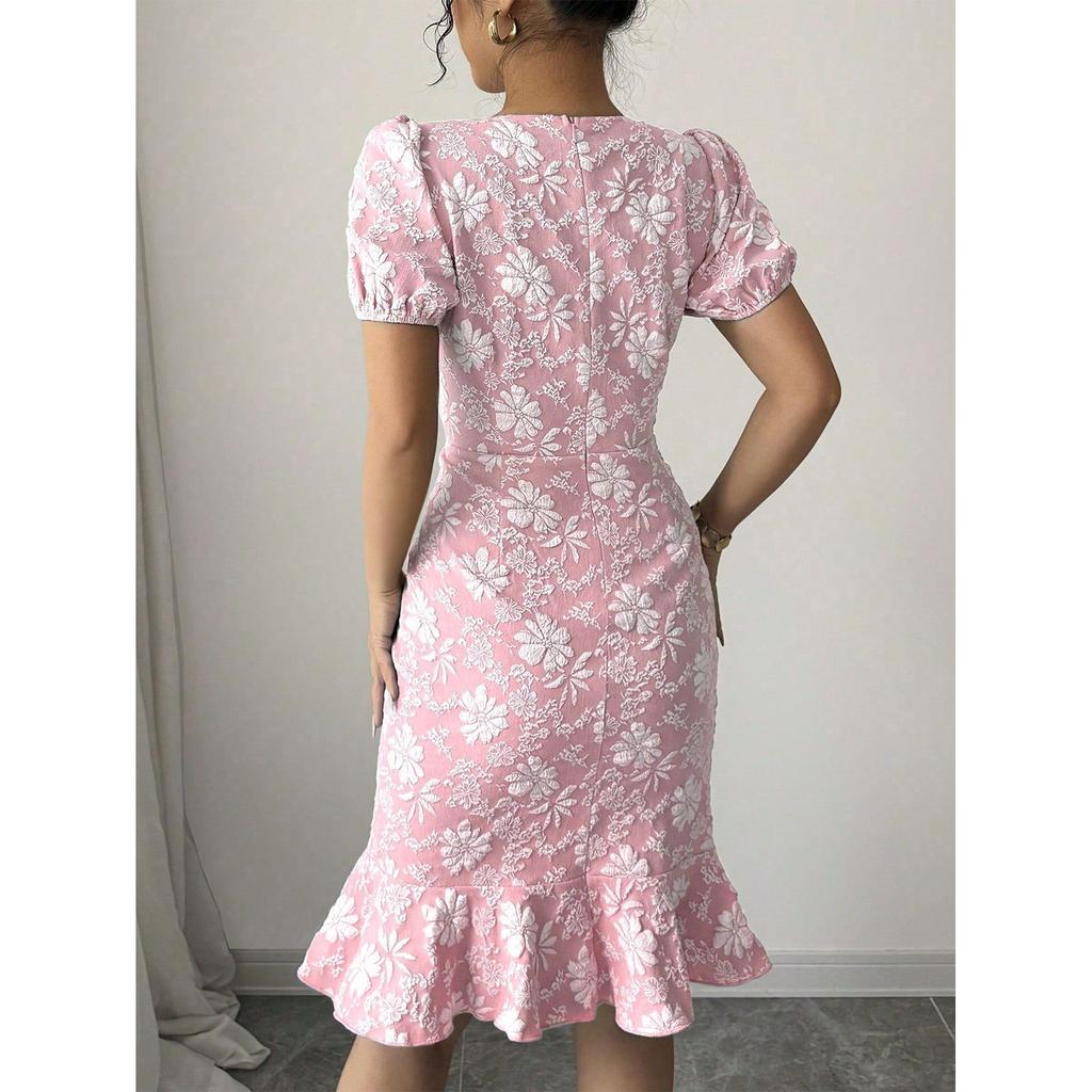 Women's Fashionable Printed Short Sleeved Round Neck Slim Fit Hip Hugging Dress