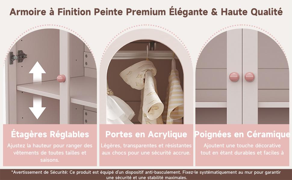 2-Door Wardrobe, Bedroom Storage Cabinet, Children's Wardrobe, with Clothes Rail, Acrylic Transparent Doors, Ceramic Handles, White, 80×50×120 Cm