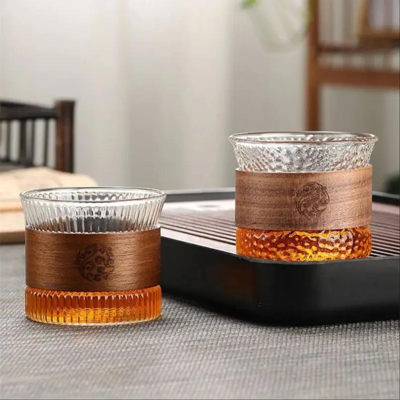 Japanese-style High Borosilicate Transparent Glass Tea Cup Household Wooden Ring Anti-scalding Vertical Grain Small Tea Cup
