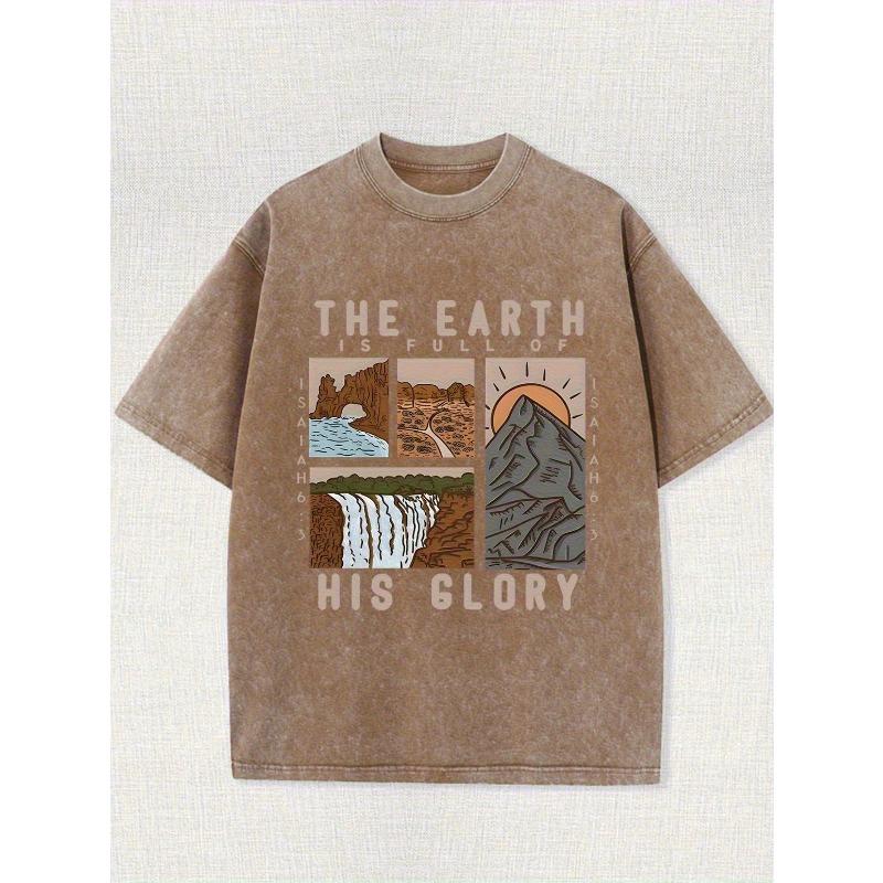 

THE EARTH HIS GLORY Pattern Vintage Washed High-Quality Cotton Double-Sided Print T-Shirt Men s Old-Style Summer Clothing Crew Neck Top Short Sleeve 5XL