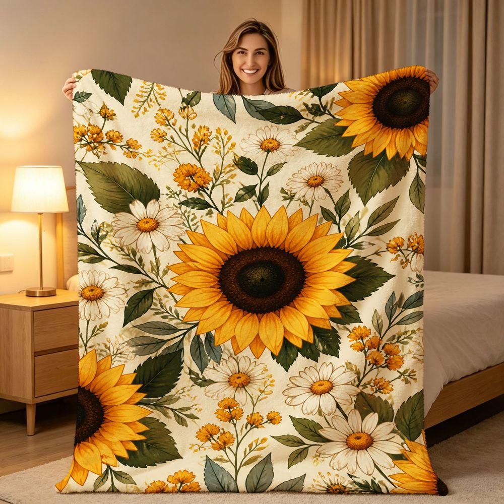 Sunflower Daisy Floral Print Flannel Throw Blanket Super Soft Warm Blanket for Sofa Bed, Botanical Flower Home Decor Gift