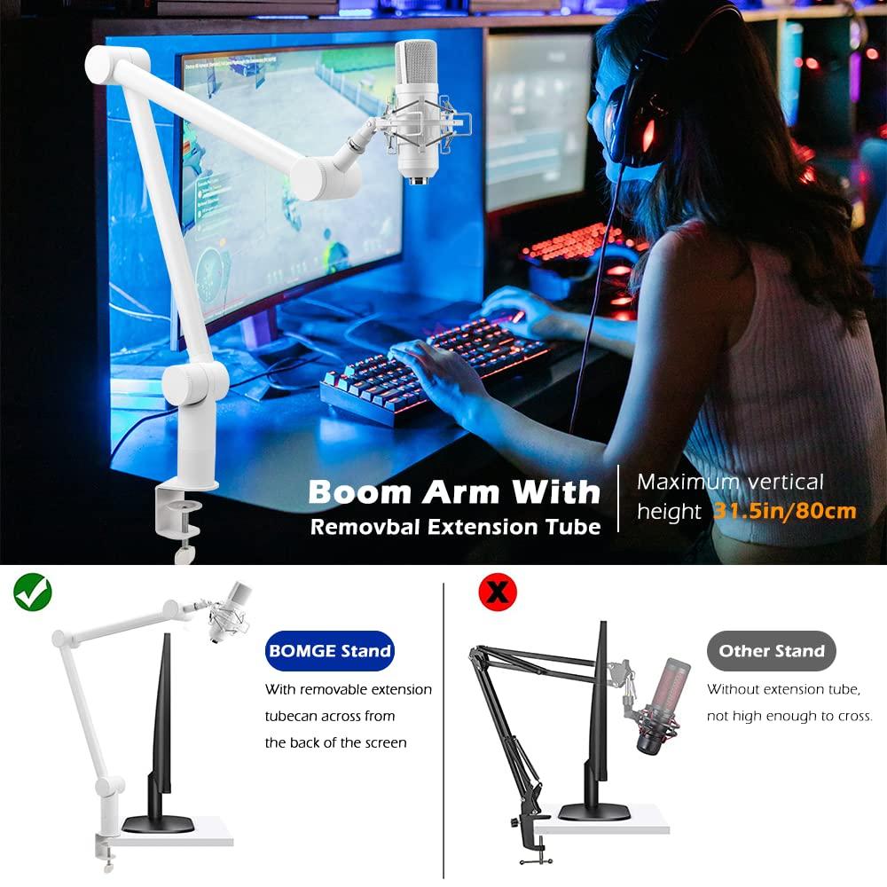BOMGE Boom Arm Microphone Stand Adjustable Suspension Boom Scissor Arm Stand with Cable Management Channel and Desk Clamp for Home and Recording -