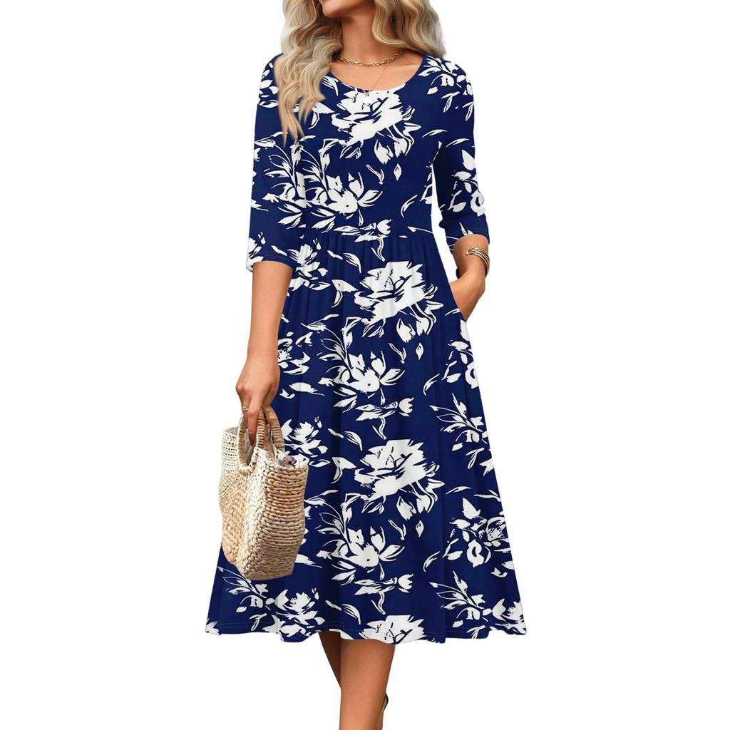 3/4 Sleeve Women's Dress Casual Flowy A-Line Midi Tshirt Dresses With Pockets Crewneck Vocation Boho Beach Sundress