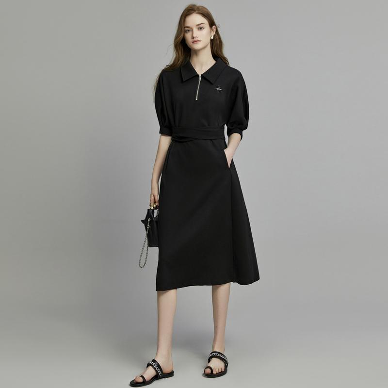 ELLE Polo Collar Design High Waist Midi Dress Slim Fit Elegant Short Sleeve Dress Women Dresses EL34321