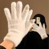 Simple solid color plush five-finger plush warm gloves women's winter versatile riding windproof and cold-proof can touch the screen students