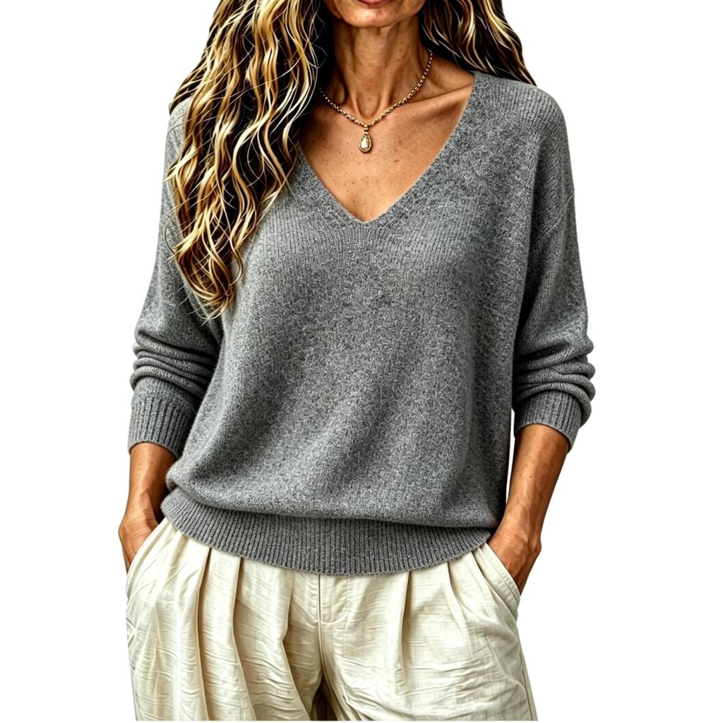 Women's V-Neck Pullover Knit Top, Loose Fit Color Casual Basic for Everyday Wear