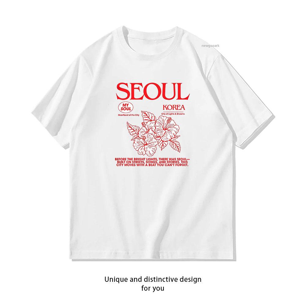 Korea Seoul Hibiscus seoul travel korean Shirt Woman Man Summer Cotton Graphic T Shirts Classic Oneck Breathable Tops Tee S