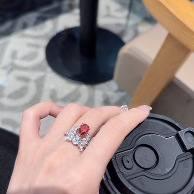 Super Flash Personalized Red Corundum Ring Female Opening Inlaid With Diamonds Zircon Court Style Light Luxury High Sense