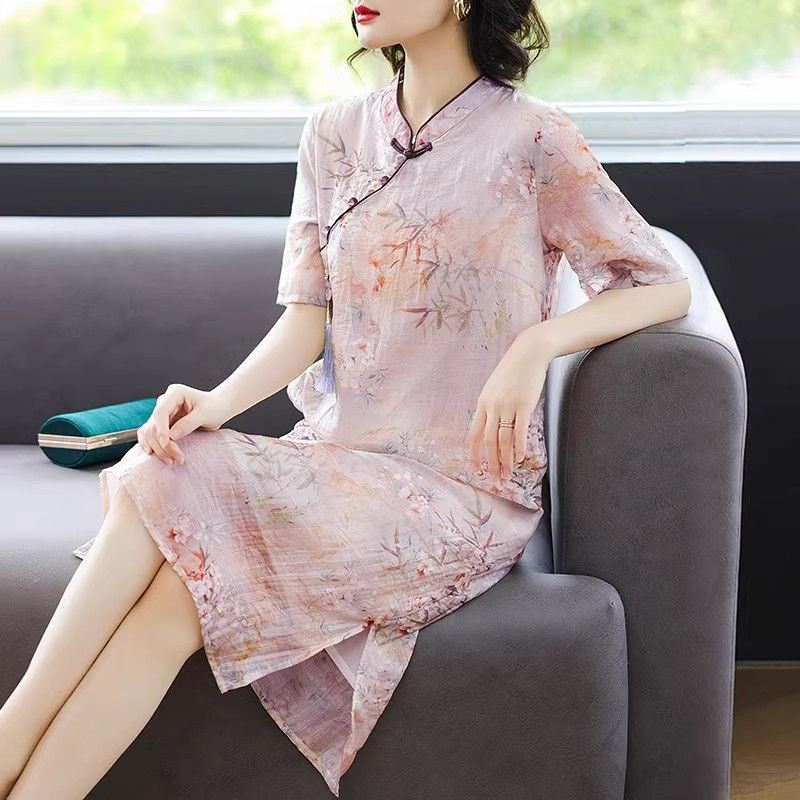 Luxury Silk Cheongsam Dress Chinese Style Modified for Women Short Sleeves Elegant Mother Dress Over Knee Length