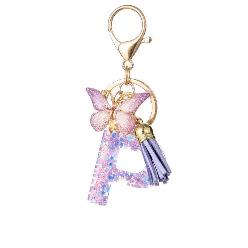 A-Z Resin Letter Keychain with Purple Butterfly Tassel Pendant for Women's Bags