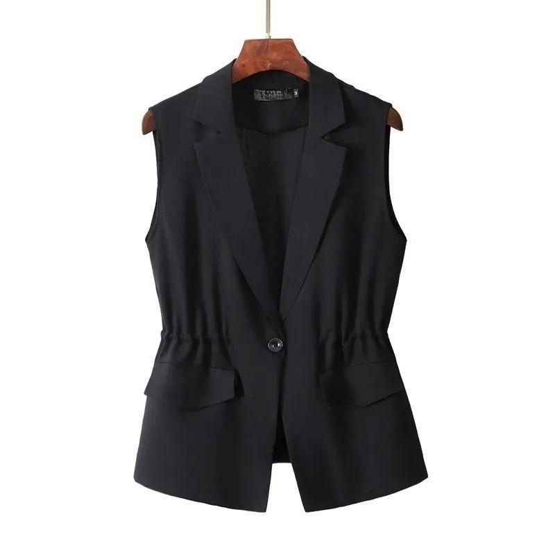 Women s Elegant Black Waist-Cinching Blazer Vest - Lapel Collar Single Button Drawstring Waist Sleeveless Suit Waistcoat XS чёрный