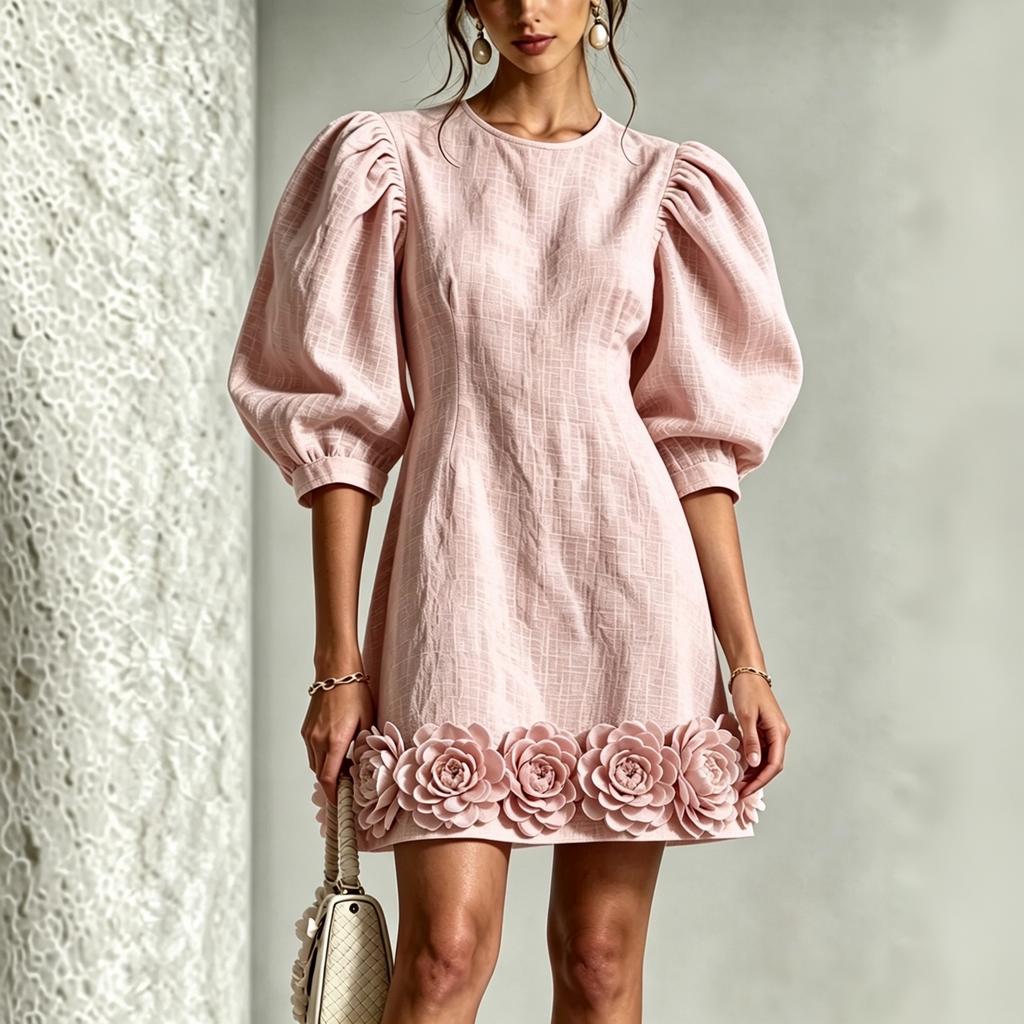 Women's Puff Sleeve Color Dress with 3D Floral Embellishment