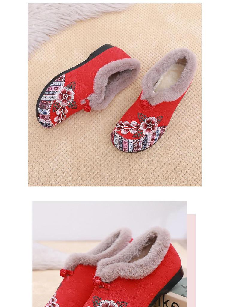 Warm Ethnic Style Embroidered Cotton Shoes – Soft-Soled Fur-Lined Comfort for Middle-Aged & Elderly