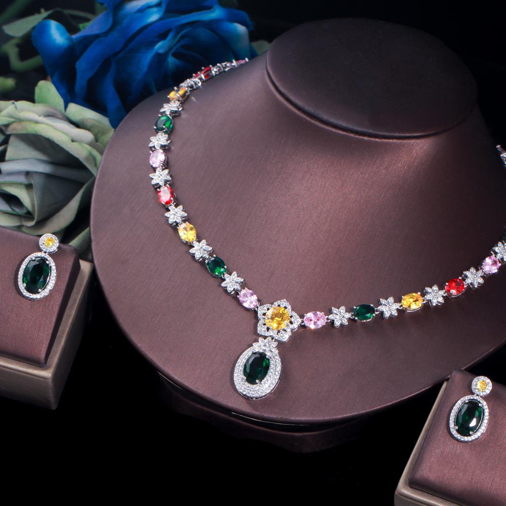 

ThreeGraces Trendy Multicolor Cubic Zirconia Geometric CZ Earrings and Necklace Fashion Daily Party Jewelry Set for Women T1011