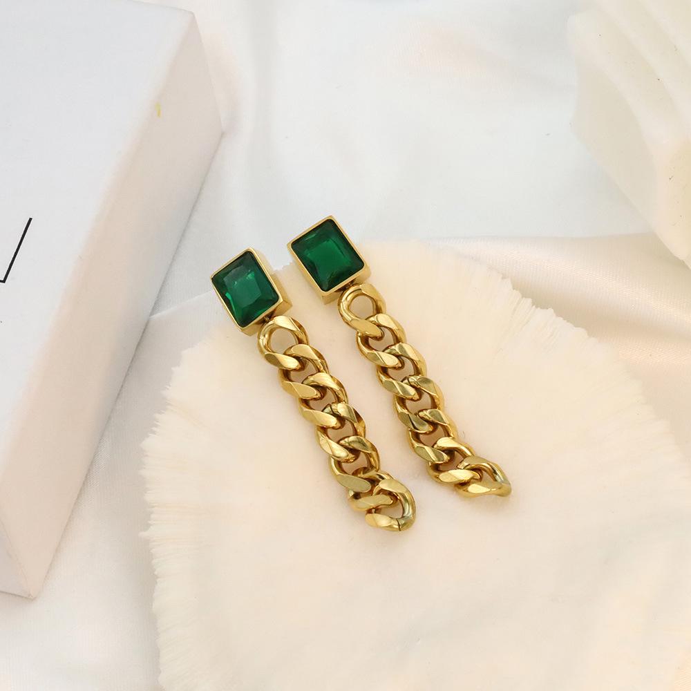 European & American Titanium Steel Tassel Earrings with Square Zircon Studs - High-end Light Luxury