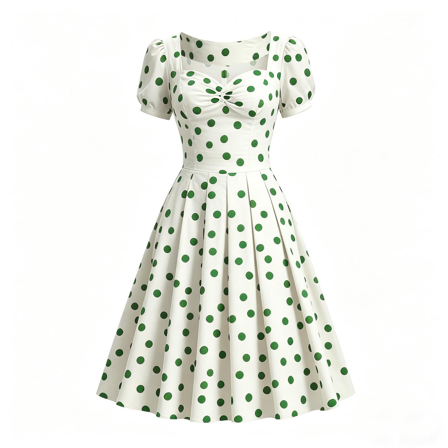 

Retro, classic and elegant polka-dot fitted midi-length pleated dress with puff sleeves S