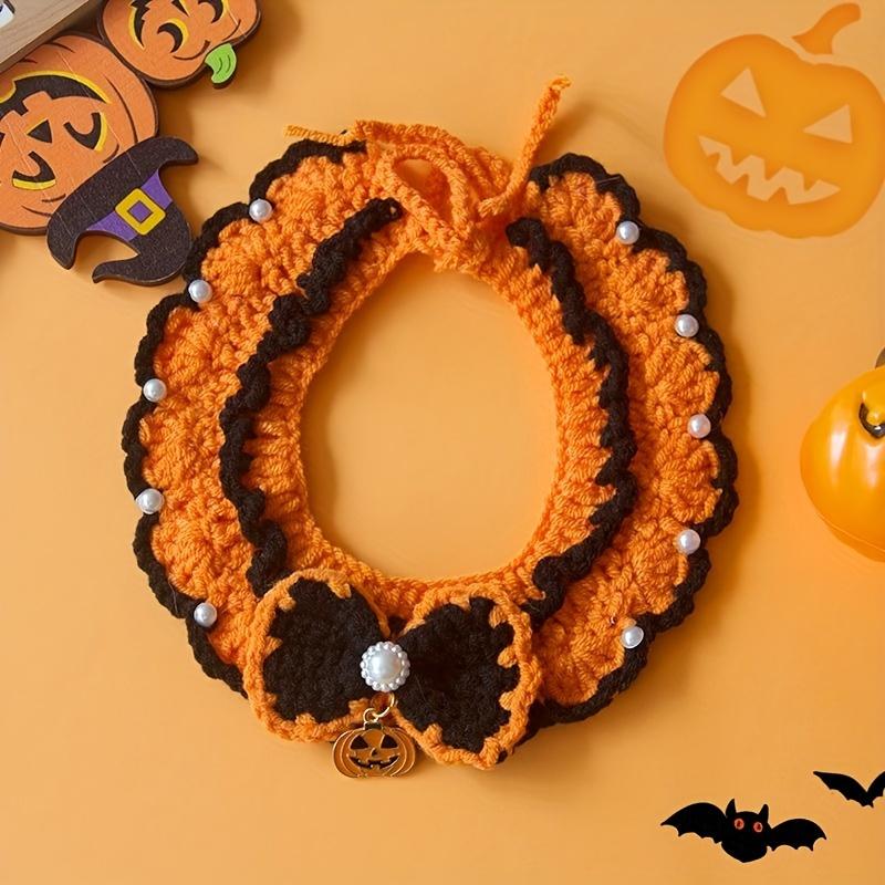 

Костюм-ошейник для питомца на Хэллоуин из полиэфирного волокна ручной работы с узором тыквы, привидения, паука, мультяшное ожерелье-подвеска, подходит для средних собак и кошек чёрный
