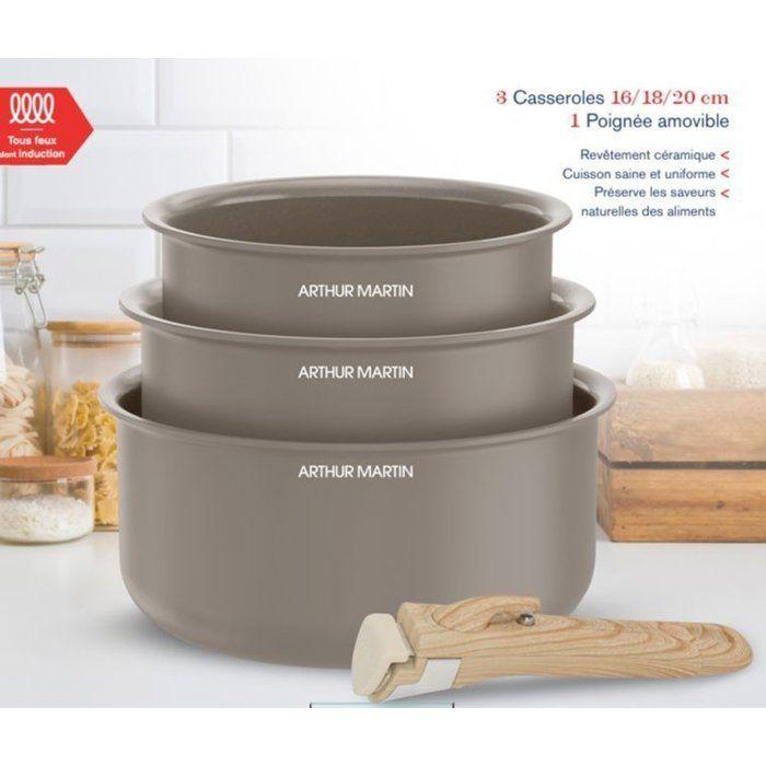 Set de 3 casseroles - Tous feux dont induction - ARTHUR MARTIN - AM1122 - Céramique - Ø 16-18-20 cm + poignée amovible - Taupe