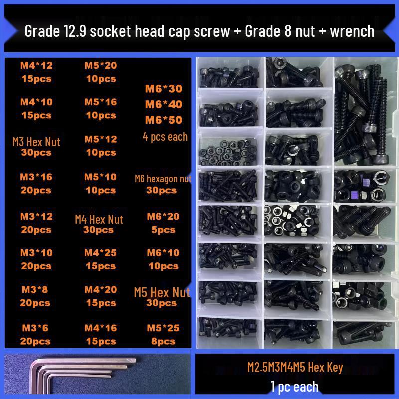 360-Piece High Strength Grade 12.9 Internal Hex Socket Screw and Hex Nut Set (M3, M4, M5, M6)