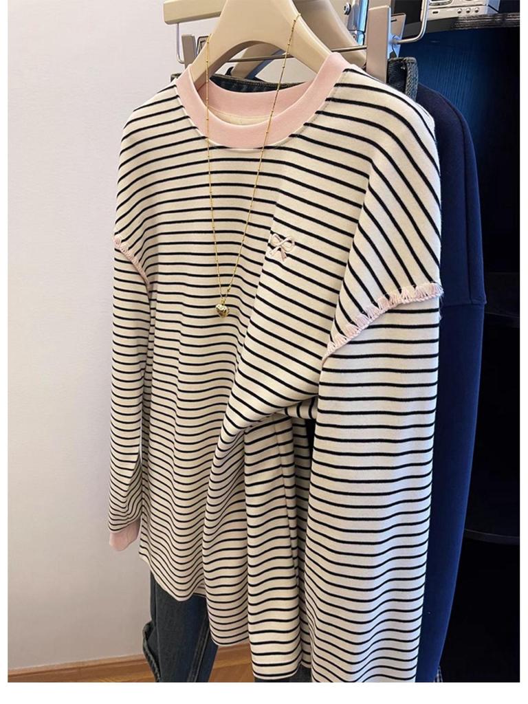 Women's Striped Bow Long-Sleeve Casual Top - Relaxed Fit, Plus Size, Autumn/Winter