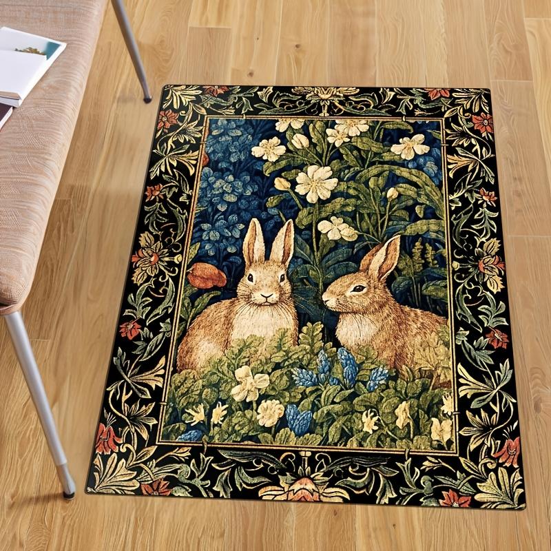 

[Вінтажний килимок з кроликом] Великий килим з кришталевого вельвету з поліестеру з вінтажним кроликом та квітковим візерунком | Складний дизайн з кроликом та зеленню, 60x90cm