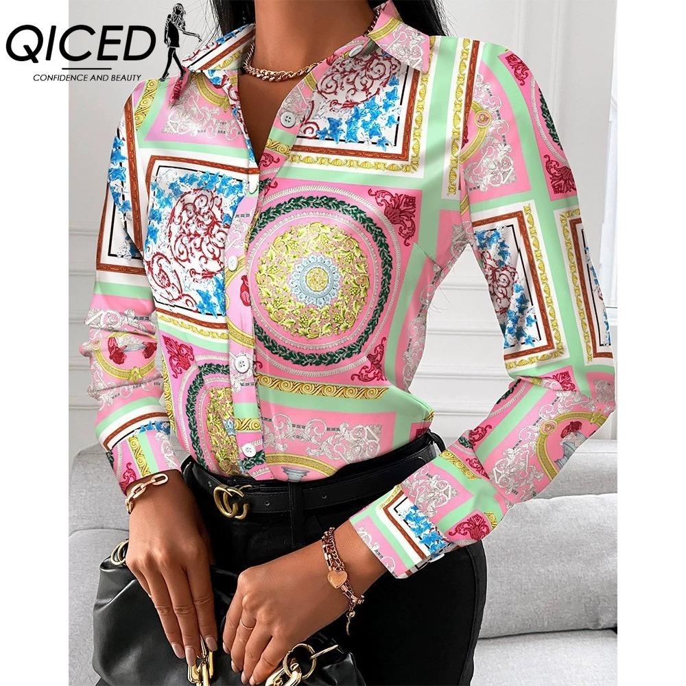 QICED Women's Fashion Casual Solid Color Print Long Sleeve POLO Neck Blouses & Shirts