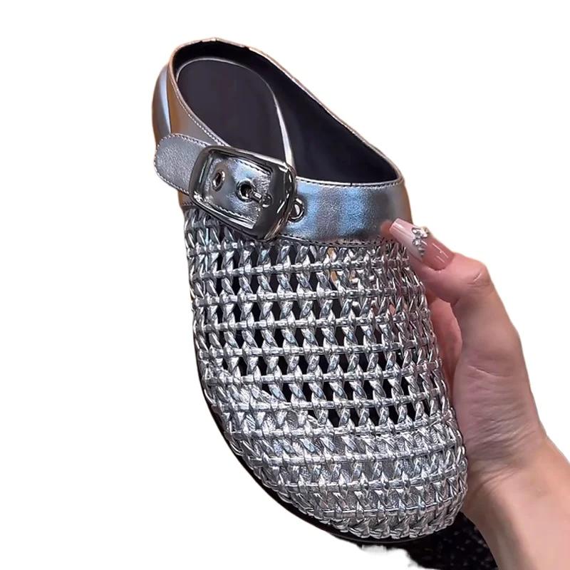 

Fashion 2025 New Belt Buckle Elegant Women s Closed Toe Slide Sandals Summer Mesh Rhinestone Retro Chic Outdoor Slippers Zapatos Mujer 35