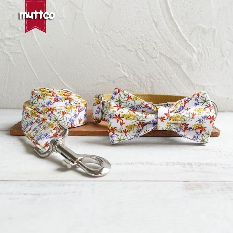 MUTTCO Golden Flower Pet Collar, Leash & Bowknot Set for Dogs Medium