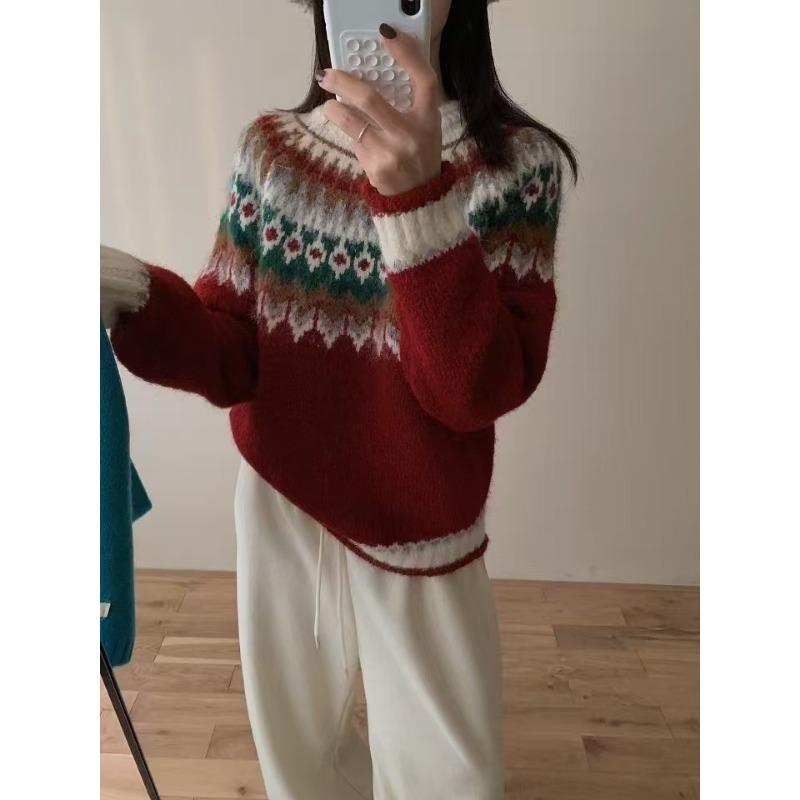 Vintage Heavy Industry Fair Island Christmas Knitted Pullover Women's Autumn and Winter Loose Lazy Wind Soft Waxy Knitted Sweater Top