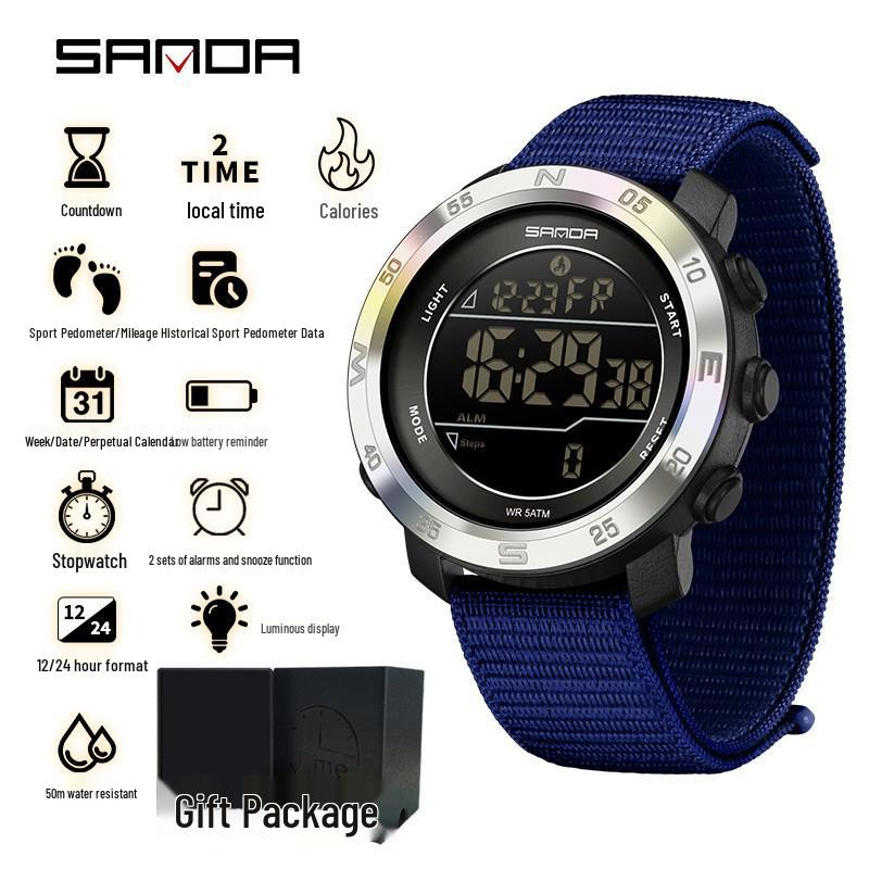 Sanda Sports Multifunctional Waterproof Pedometer Watch with Timer, Alarm, and Night Light