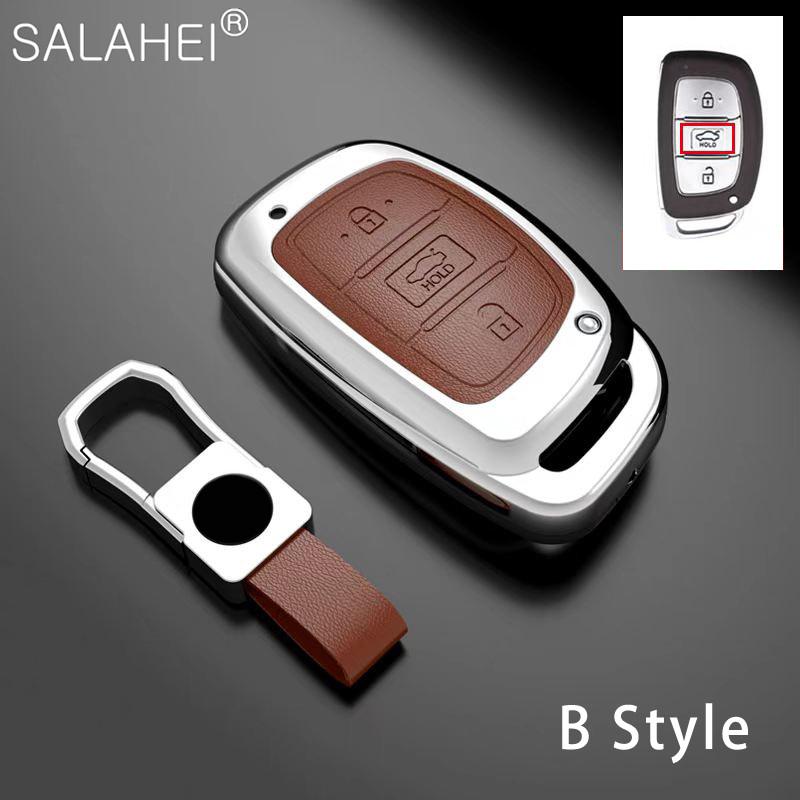 Zinc Alloy+Leather Car Key Case Cover Shell For Hyundai Elantra Tucson I40 I20 I10 Ix35 Ix45 Creta Santa Fe H-1 Auto Accessories