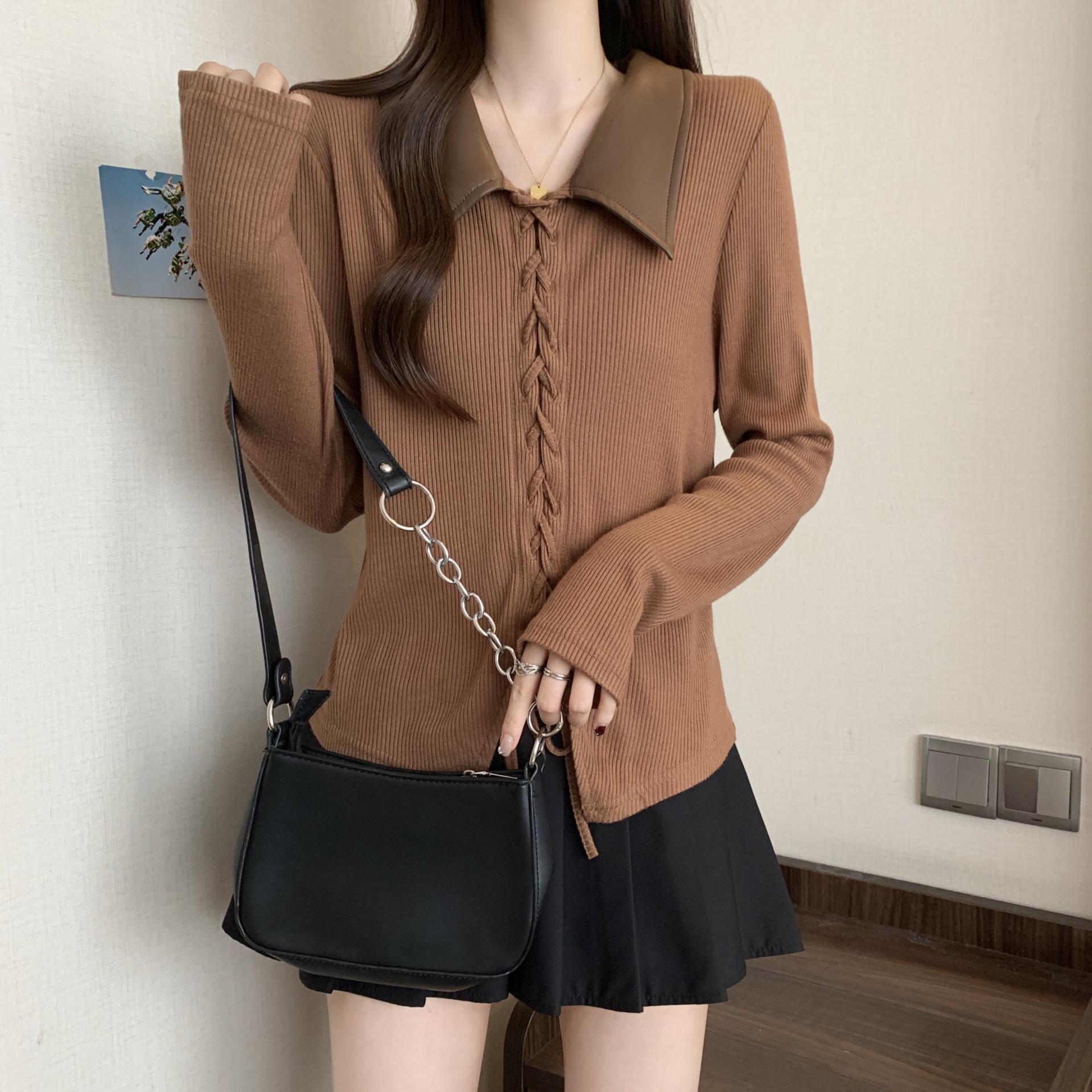 

Stylish Plus-Size Lace-Up Polo Collar Shirt for Women - Spring/Autumn, Flattering Fake Two-Piece Design XL коричневий