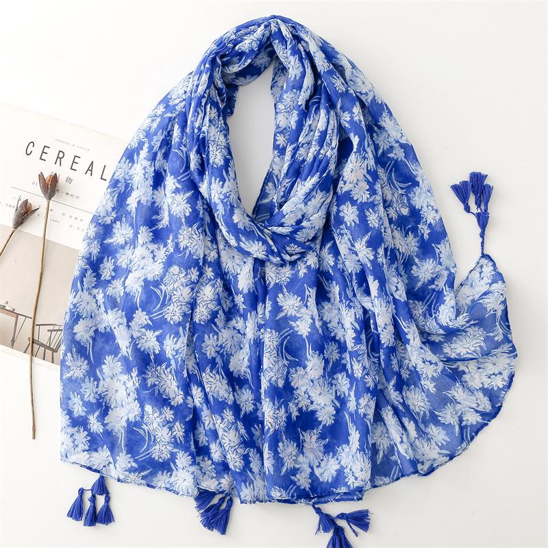 Fashion Luxury Women Viscose Scarf Ventilate Designer Shawl Cotton Linen Tassel Pashmina Muslim Hijab Wrap Floral