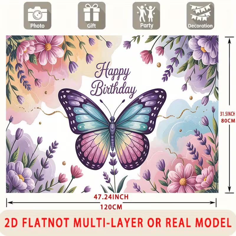 2D Elegant Butterfly Floral Happy Birthday Backdrop Watercolor Party Background